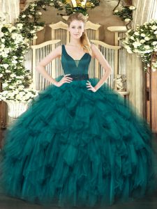 Stylish Teal Sleeveless Beading and Ruffles Floor Length Quinceanera Gowns