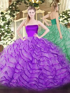Glamorous Eggplant Purple Tulle Zipper Ball Gown Prom Dress Sleeveless Brush Train Ruffles