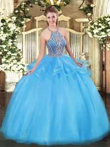 Amazing Aqua Blue Ball Gown Prom Dress Military Ball and Sweet 16 and Quinceanera with Beading and Ruffles Halter Top Sleeveless Lace Up