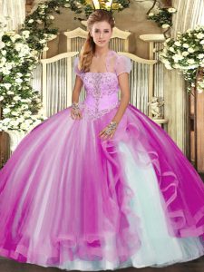 Stylish Fuchsia Strapless Neckline Appliques and Ruffles Quinceanera Dresses Sleeveless Lace Up