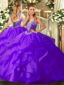Clearance Purple Lace Up Vestidos de Quinceanera Beading and Ruffles Sleeveless Floor Length