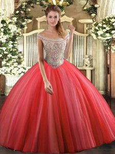 New Style Floor Length Lace Up Quinceanera Gowns Coral Red for Sweet 16 and Quinceanera with Beading