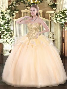 Modern Champagne Organza Lace Up Sweetheart Sleeveless Floor Length Sweet 16 Dress Appliques