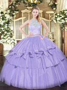 Exquisite Lavender Two Pieces Scoop Sleeveless Organza Floor Length Zipper Lace and Ruffled Layers Quinceanera Gowns