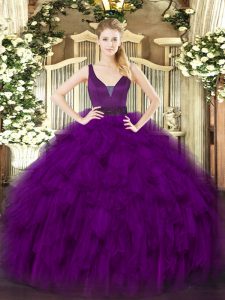 Fantastic Purple Quince Ball Gowns Military Ball and Sweet 16 and Quinceanera with Beading and Ruffles Straps Sleeveless Zipper