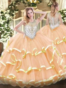 Nice Scoop Sleeveless Quinceanera Dresses Floor Length Beading and Ruffled Layers Peach Organza