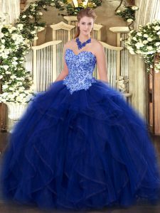 Modest Blue Lace Up Sweetheart Appliques and Ruffles Quinceanera Gown Organza Sleeveless