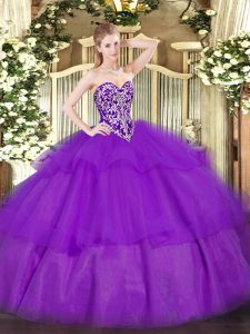 Trendy Purple Sleeveless Tulle Lace Up 15 Quinceanera Dress for Military Ball and Sweet 16 and Quinceanera
