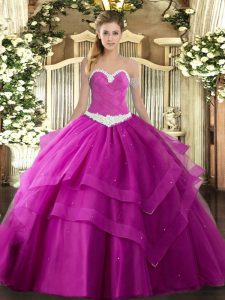 Sleeveless Floor Length Appliques and Ruffled Layers Lace Up Vestidos de Quinceanera with Fuchsia