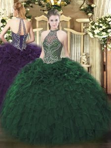 Ball Gowns Quince Ball Gowns Dark Green Halter Top Taffeta Sleeveless Floor Length Lace Up