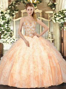 Custom Made Peach Ball Gowns Beading and Ruffles 15 Quinceanera Dress Lace Up Organza Sleeveless Floor Length