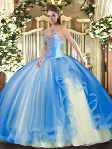 Sleeveless Floor Length Beading and Ruffles Lace Up Ball Gown Prom Dress with Baby Blue