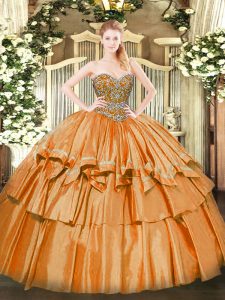 Nice Orange Ball Gowns Beading and Ruffled Layers Ball Gown Prom Dress Lace Up Organza Sleeveless Floor Length