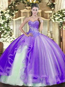 Exquisite Lavender Tulle Lace Up 15 Quinceanera Dress Sleeveless Floor Length Beading and Ruffles