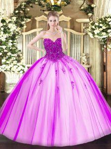 Fuchsia Sleeveless Tulle Lace Up Sweet 16 Dresses for Military Ball and Sweet 16 and Quinceanera