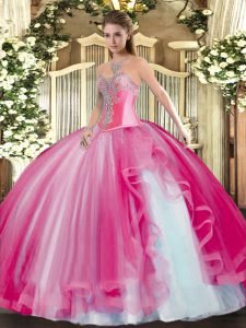 Sweet Sleeveless Tulle Floor Length Lace Up 15 Quinceanera Dress in Hot Pink with Beading and Ruffles