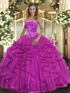 Sexy Fuchsia Sleeveless Tulle Lace Up 15 Quinceanera Dress for Military Ball and Sweet 16 and Quinceanera