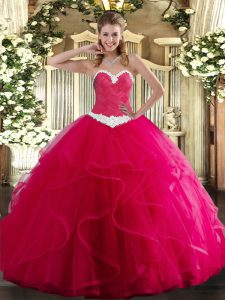 Hot Pink Quince Ball Gowns Military Ball and Sweet 16 and Quinceanera with Appliques and Ruffles Sweetheart Sleeveless Lace Up
