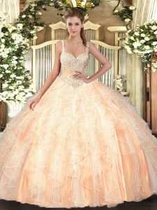 Gorgeous Peach Straps Neckline Beading and Ruffles Sweet 16 Dress Sleeveless Lace Up