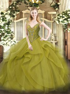 Sweet Olive Green Ball Gowns V-neck Sleeveless Tulle Floor Length Lace Up Beading and Ruffles Quinceanera Gown