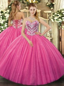 Sleeveless Tulle Floor Length Lace Up Ball Gown Prom Dress in Hot Pink with Beading