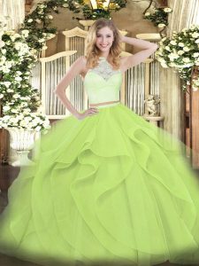 Yellow Green Tulle Zipper Quinceanera Dress Sleeveless Floor Length Lace and Ruffles