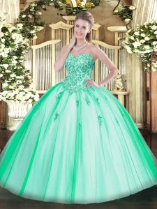 Tulle Sweetheart Sleeveless Lace Up Appliques Sweet 16 Dresses in Turquoise