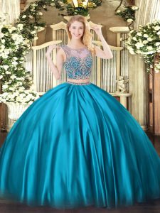 Baby Blue Satin Lace Up Scoop Sleeveless Floor Length Quinceanera Dresses Beading