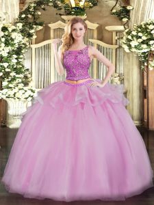 Best Selling Lilac Two Pieces Organza Scoop Sleeveless Beading Floor Length Lace Up Quinceanera Gown
