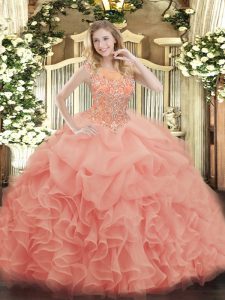 High Class Scoop Sleeveless Quince Ball Gowns Floor Length Beading and Ruffles Baby Pink Organza