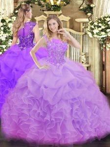 Lavender Quince Ball Gowns Military Ball and Sweet 16 and Quinceanera with Beading and Ruffles and Pick Ups Scoop Sleeveless Zipper