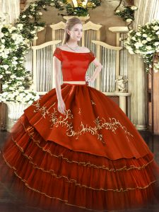 Sumptuous Rust Red Organza and Taffeta Zipper Sweet 16 Dresses Short Sleeves Floor Length Embroidery and Ruffled Layers