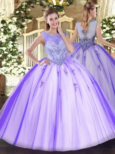 Lavender Tulle Zipper Sweet 16 Dress Sleeveless Floor Length Beading and Appliques