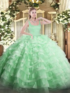 Apple Green Ball Gowns Beading and Ruffled Layers 15 Quinceanera Dress Zipper Organza Sleeveless Floor Length