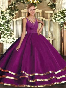 Purple Sleeveless Floor Length Ruffled Layers Backless Quince Ball Gowns