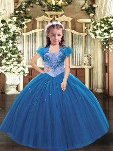 Eye-catching Floor Length Blue Little Girls Pageant Dress Straps Sleeveless Lace Up