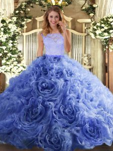 Fantastic Ball Gowns Sweet 16 Dresses Blue Scoop Organza and Fabric With Rolling Flowers Sleeveless Floor Length Zipper