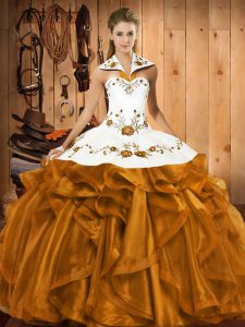 Flare Brown Satin and Organza Lace Up Halter Top Sleeveless Floor Length 15th Birthday Dress Embroidery and Ruffles