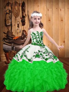 Green Straps Lace Up Embroidery and Ruffles Pageant Gowns Sleeveless