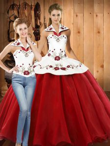 Graceful Sleeveless Organza Floor Length Lace Up Sweet 16 Dresses in White And Red with Embroidery