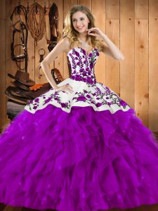 Eggplant Purple Ball Gowns Embroidery and Ruffles Sweet 16 Quinceanera Dress Lace Up Satin and Organza Sleeveless Floor Length