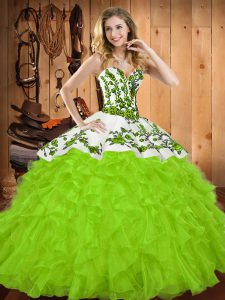 Floor Length Yellow Green 15th Birthday Dress Satin and Organza Sleeveless Embroidery and Ruffles
