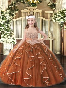 Custom Design Tulle Sleeveless Floor Length Little Girls Pageant Dress and Beading and Ruffles