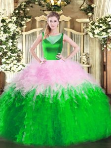 Multi-color Ball Gowns Scoop Sleeveless Tulle Floor Length Side Zipper Beading and Ruffles Vestidos de Quinceanera