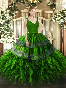 V-neck Sleeveless Backless 15 Quinceanera Dress Green Organza