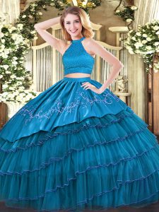 Beading and Embroidery and Ruffled Layers 15th Birthday Dress Teal Backless Sleeveless Floor Length