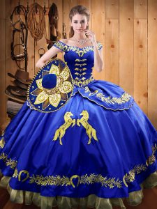 Amazing Royal Blue Ball Gowns Satin and Organza Off The Shoulder Sleeveless Beading and Embroidery Floor Length Lace Up Quinceanera Gown
