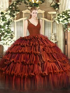Affordable Rust Red V-neck Neckline Beading and Ruffled Layers Quince Ball Gowns Sleeveless Zipper