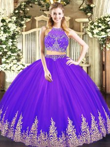 Purple Tulle Zipper Quince Ball Gowns Sleeveless Floor Length Beading and Appliques