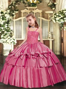 Rose Pink Taffeta Lace Up Little Girl Pageant Gowns Sleeveless Floor Length Beading and Ruffled Layers